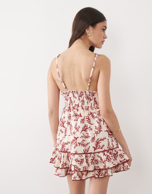 River Island coral print shirred mini ruffle dress in cream, 4 of 4