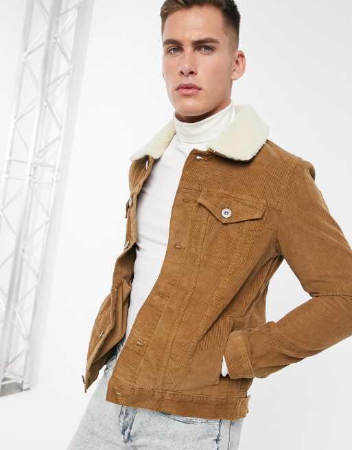 River Island cord jacket with borg collar in tan ASOS