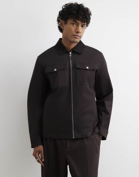 River Island Corduroy collar cotton twill overshirt in brown - dark - view 1