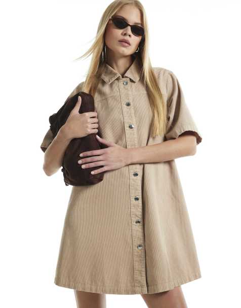 River Island Corduroy smock dress in beige