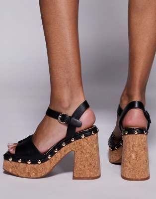 River Island Cork Platform Heeled Sandals In Black