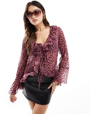 River Island corsage detail frill blouse in dark purple