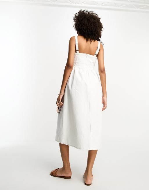 River Island corset detail denim strappy midi dress in white, 3 of 4