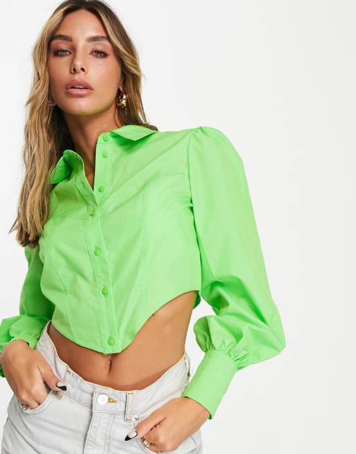 River Island corset detail volume sleeve shirt in bright green