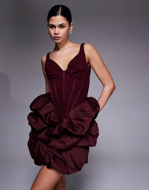 River Island corseted ruffle hem mini dress in dark red - view 1