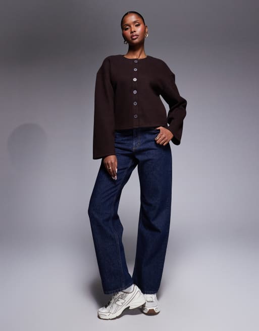 River Island cosy button through cardigan in dark brown, 2 of 4