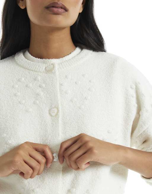 River Island Cosy heart embossed cardigan in cream, 2 of 4
