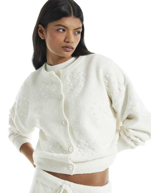 River Island Cosy heart embossed cardigan in cream, 3 of 4