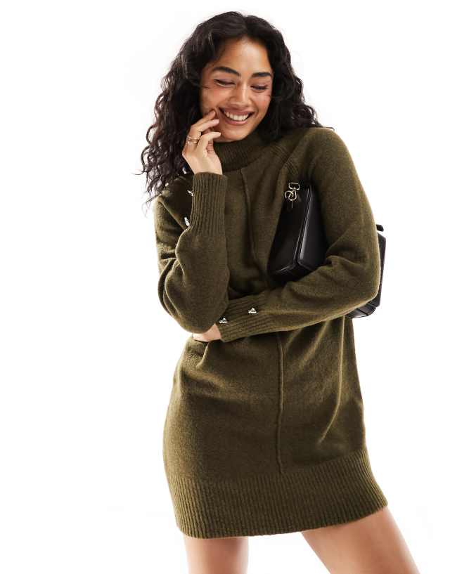 River Island - cosy mini knit jumper dress in khaki