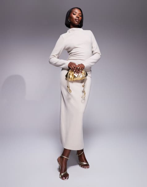 River Island cosy ruched midi dress in beige - view 1