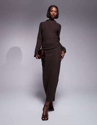 River Island cosy ruched midi dress in dark brown - view 1