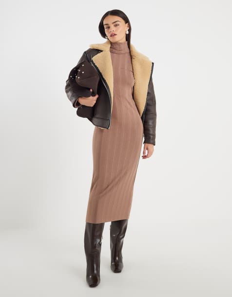 River Island Cosy wide rib midi dress in beige