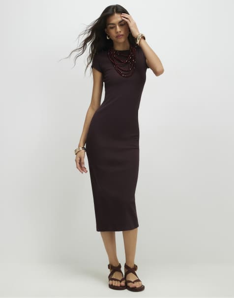 River Island Cotton blend cap sleeve midi dress in dark brown - view 1