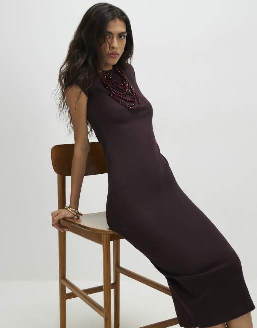 River Island Cotton blend cap sleeve midi dress in dark brown , 2 of 4
