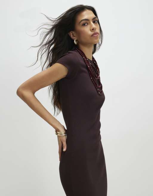 River Island Cotton blend cap sleeve midi dress in dark brown , 3 of 4