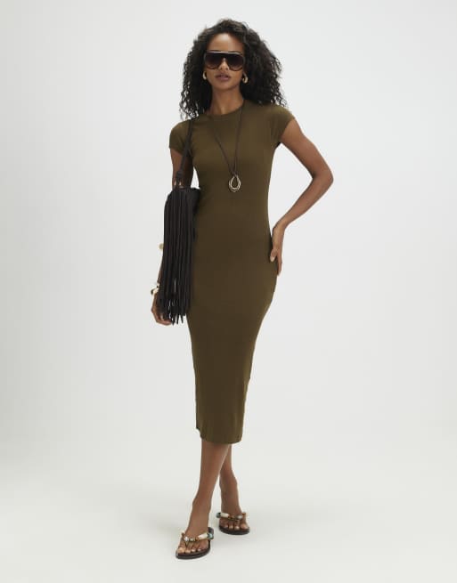River Island Cotton blend cap sleeve midi dress in khaki, 2 of 4