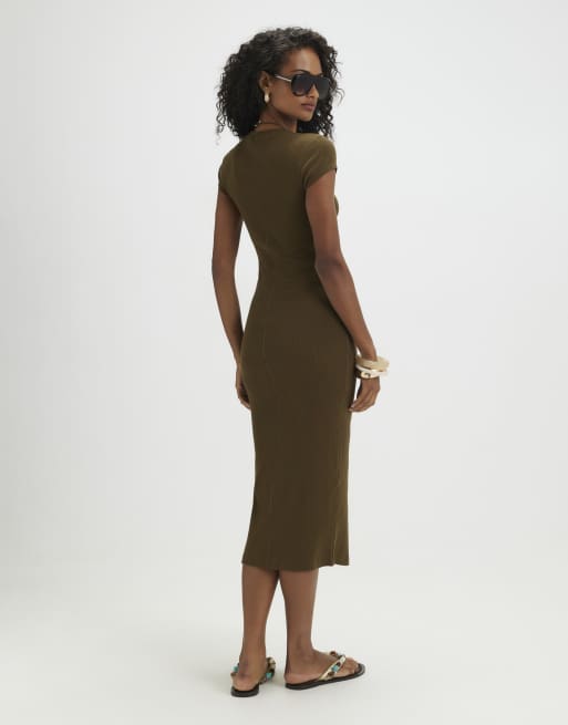 River Island Cotton blend cap sleeve midi dress in khaki, 4 of 4