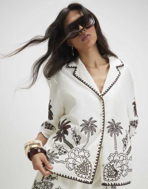 River Island Cotton blend palm print cutwork shirt in cream - view 1