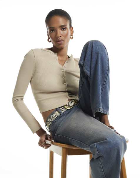 River Island Cotton blend ribbed cardigan in stone - view 1