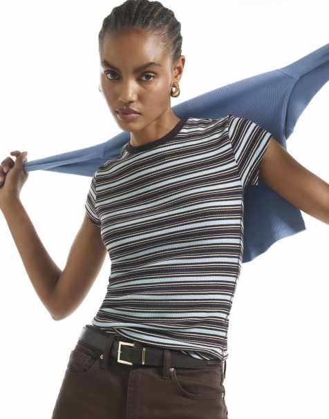 River Island Cotton blend stripe fitted rib t-shirt in brown - view 1