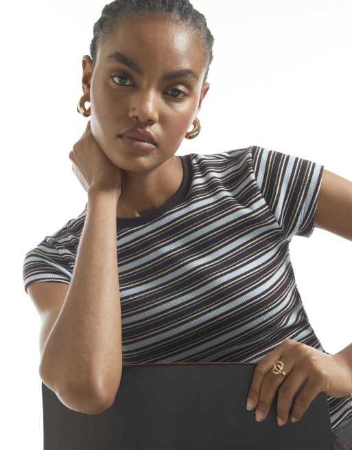 River Island Cotton blend stripe fitted rib t-shirt in brown, 2 of 4
