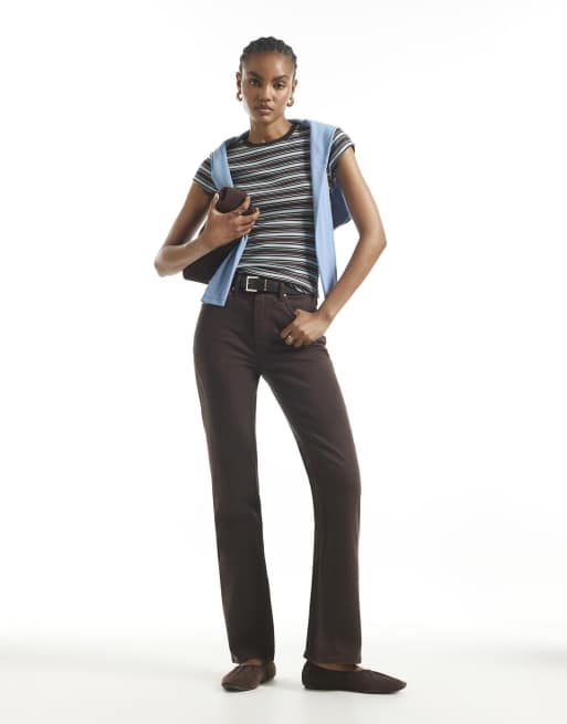 River Island Cotton blend stripe fitted rib t-shirt in brown, 3 of 4