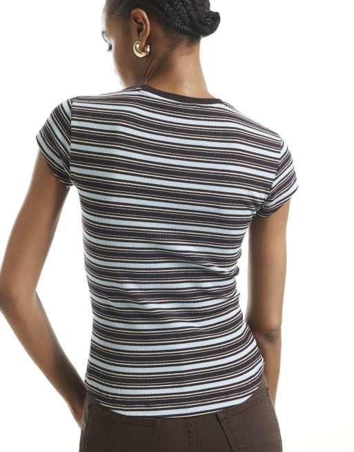 River Island Cotton blend stripe fitted rib t-shirt in brown, 4 of 4