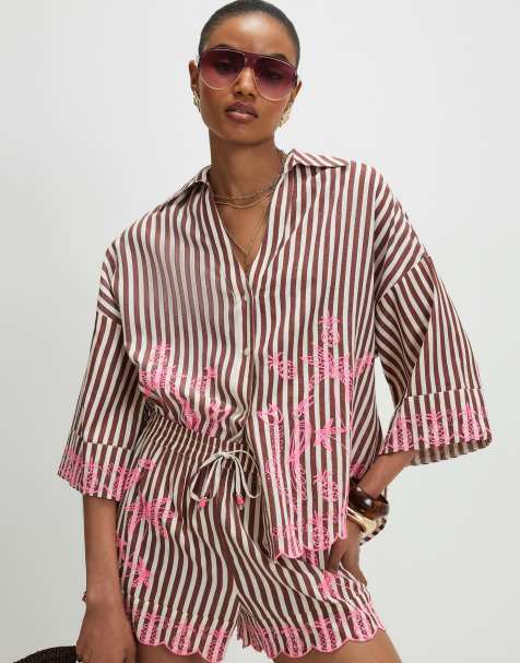 River Island Cotton blend stripe toucan shirt in brown - view 1