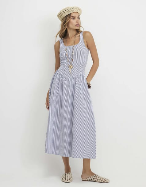 River Island Cotton blend textured stripe midi dress in blue - view 1