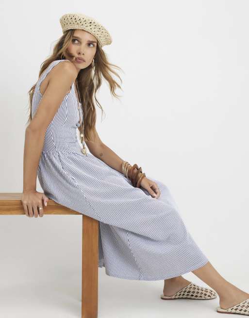 River Island Cotton blend textured stripe midi dress in blue, 2 of 4