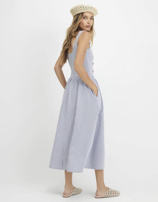 River Island Cotton blend textured stripe midi dress in blue, 4 of 4
