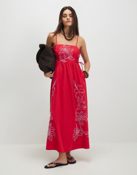 River Island Cotton broderie tie side midi dress in red - view 1