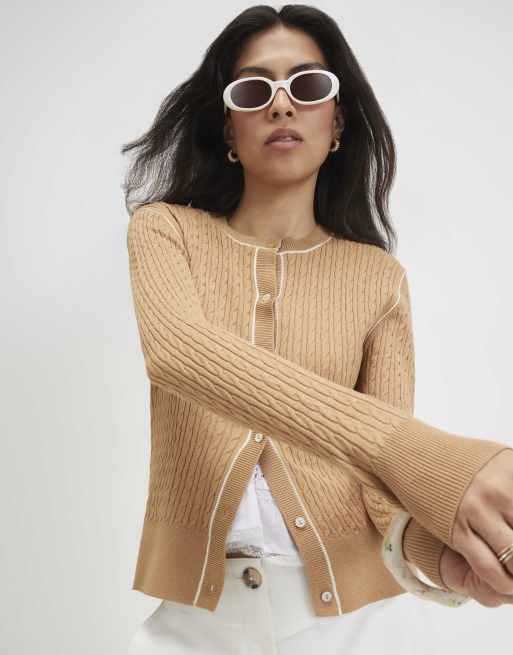 River Island Cotton cable knit cardigan in tan , 3 of 4
