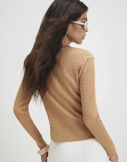 River Island Cotton cable knit cardigan in tan , 4 of 4