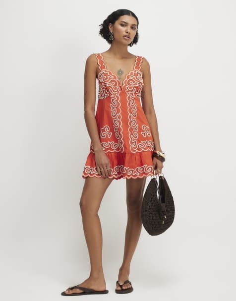 River Island Cotton embroidered beaded mini dress in orange