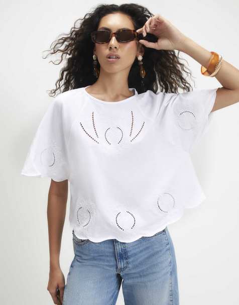 River Island Cotton embroidered cutwork t-shirt in white - view 1