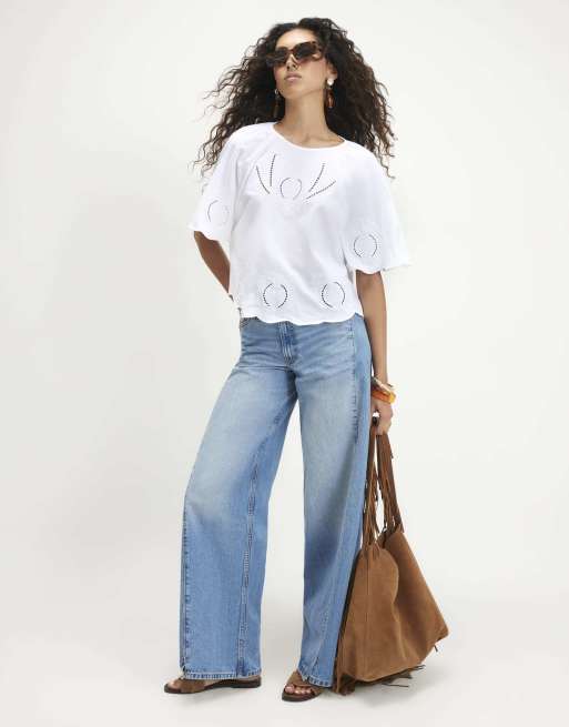 River Island Cotton embroidered cutwork t-shirt in white, 3 of 4