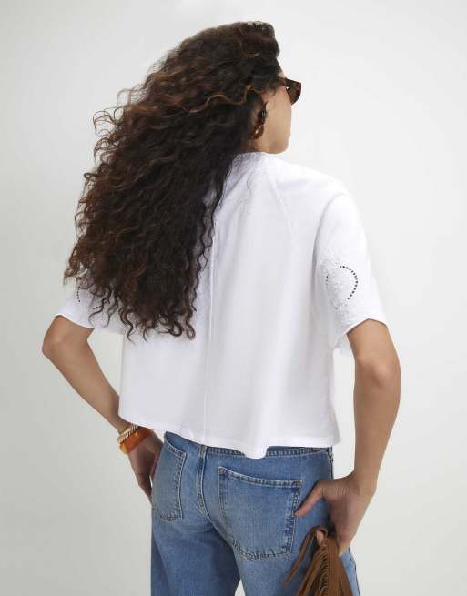 River Island Cotton embroidered cutwork t-shirt in white, 4 of 4