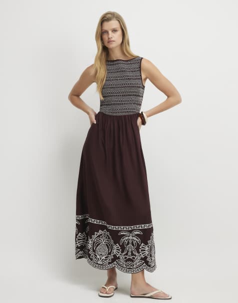 River Island Cotton embroidered hem midi dress in brown - view 1