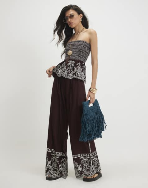 River Island Cotton embroidered hem trousers in brown - view 1