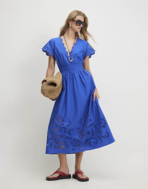 River Island Cotton embroidered midi dress in blue