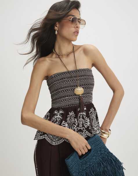 River Island Cotton embroidered shirred bandeau top in brown - view 1