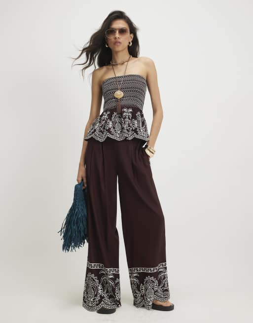 River Island Cotton embroidered shirred bandeau top in brown, 3 of 4
