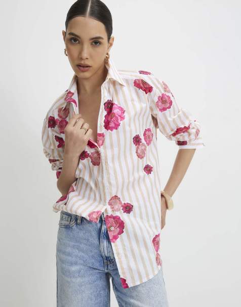 River Island Cotton floral striped long sleeve shirt in stone - view 1