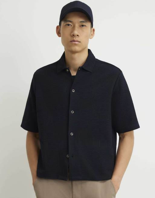River Island Cotton geometric textured shirt in navy, 2 of 4
