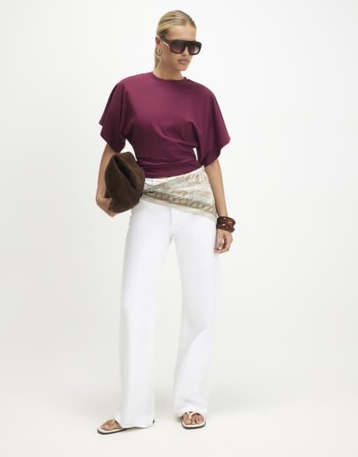 River Island Cotton kimono t-shirt in burgundy , 3 of 4