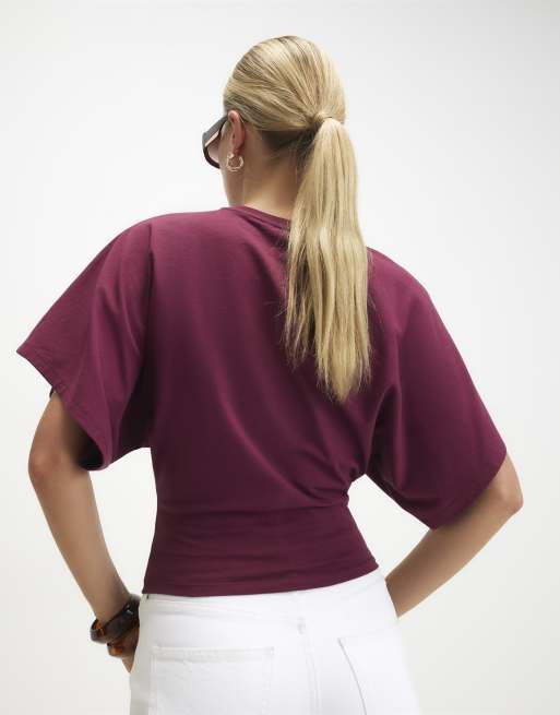 River Island Cotton kimono t-shirt in burgundy , 4 of 4