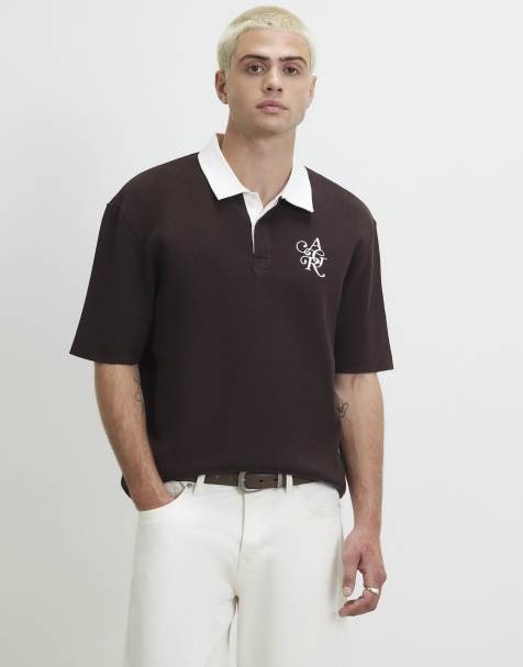 River Island Cotton knitted embroidered rugby shirt in dark brown - view 1