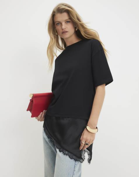 River Island Cotton lace hem asymmetric t-shirt in black