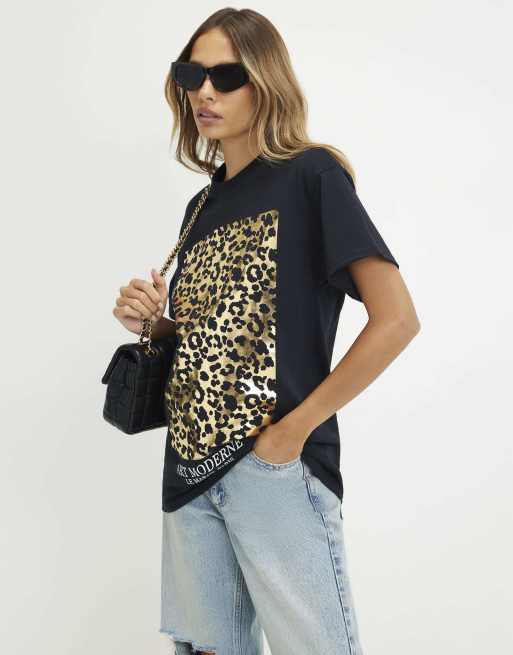 River Island Cotton leopard print foil t-shirt in black, 3 of 4